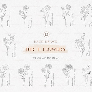 Arte lineal botánico del mes de nacimiento SVG, tatuaje floral de nacimiento vectorial Svg, ramo de flores SVG, SVG de flores del mes de nacimiento Tatuaje de flores de nacimiento