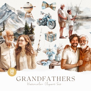 Clipart aquarelle grand-père pour la fête des pères, esthétique grands-pères PNG, clipart neutre grand-père et petits-enfants, ensemble de cliparts père