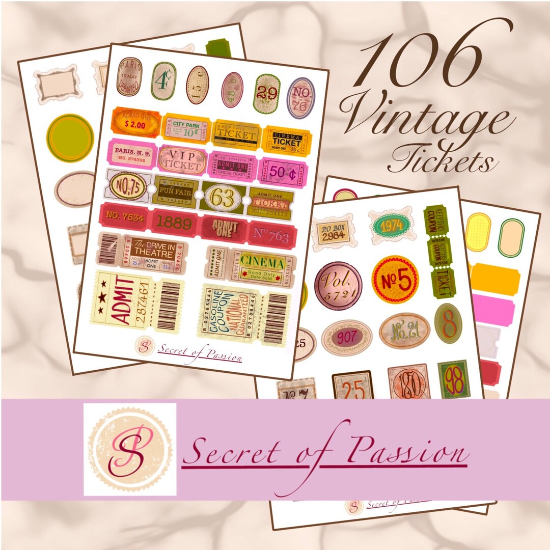 Digital Vintage Tickets, Printable Tickets, Junk Journal Ephemera