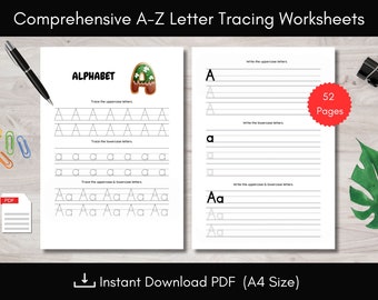 Druckbare A-Z Alphabet Tracing Arbeitsblätter, Übung zum Schreiben von Buchstaben für Kinder, Lernressourcen für zu Hause, Handschriftübung für Kinder