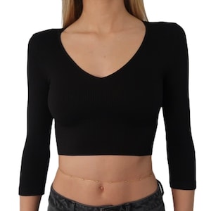 Women&#39;s Ribbed V-Neck Crop, 3/4 sleeve Top, Basic 3/4 Sleeve Crop
