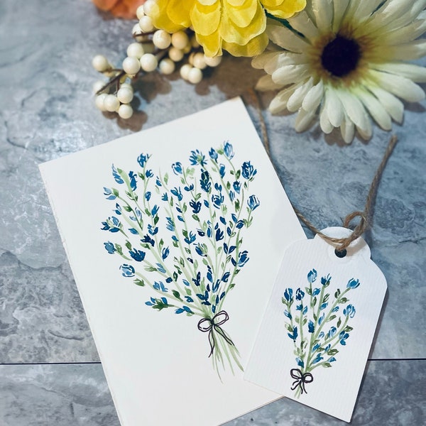 Set of 1 Original Hand Painted, Watercolor, Wild Flowers blank card 4.5" x 6.0" and Watercolor, Wild Flowers gift tags 3.25" x 2"