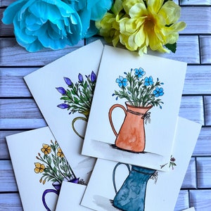 Set mit 6 handgemalten Originalkarten, Aquarell, Wasserkrug und Wildblumen, Blankokarten 11 x 15 cm - Versandfertig