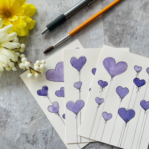 Hearts, Set of 3 Original Hand Painted your choice of color, Watercolor, blank cards 4.5"x6.0"