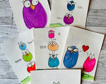 Silly Birds, Set of 6 Original Hand Painted ,Watercolor, blank cards 4.5"x6.0" - Ready to Ship