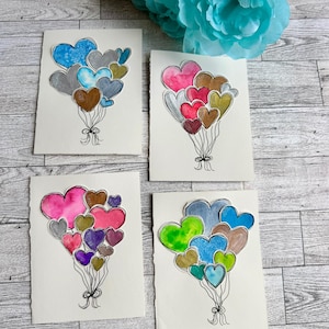 Balões de coração, conjunto de 4 originais pintados à mão, aquarela, cartões em branco 4,5" x 6,0"