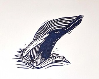 WALTER WHALE — Hand-printed linocut print (UNFRAMED), A4 size — medium size animal wall art of humpback whale