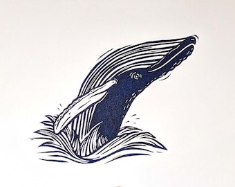 WALTER Grabado en linóleo – Arte mural de ballena jorobada impreso a mano (sin marco)