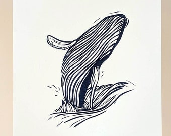 WILLA WHALE — Hand-printed linocut print (UNFRAMED), A4 size — medium size animal wall art of humpback whale