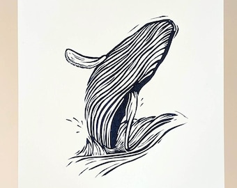 Grabado en linóleo WILLA – Arte mural de ballena jorobada impreso a mano (sin marco)