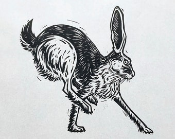 RUNNING, STILL — Limited edition linocut print (UNFRAMED), A3 size —  large animal wall art of a wild hare running free