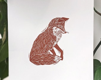 PHOEBE — Hand-printed linocut print (UNFRAMED), A4 size — medium size animal wall art of cute sitting fox