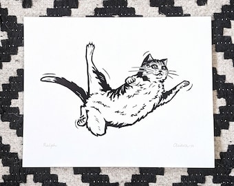 RALPH — Hand-printed linocut print (UNFRAMED), 8x10inches size — medium size animal wall art of black and white kitty cat
