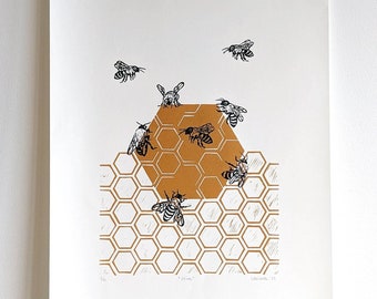 HIVE — Limited edition linocut print (UNFRAMED), A3 size — large animal wall art of a stylised beehive and honeybees
