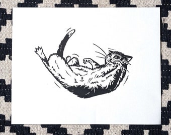 ROLO — Hand-printed linocut print (UNFRAMED), 8x10inches size — medium size animal wall art of black and white kitty cat