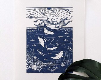 BENEATH the ICE — Limited edition linocut print (UNFRAMED), 29.7x42cm — large size animal wall art of life above & below the Arctic ice