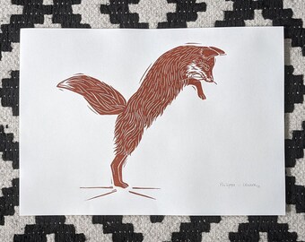 PHILIPPA — Hand-printed linocut print (UNFRAMED), A4 size — medium size animal wall art of cute pouncing fox