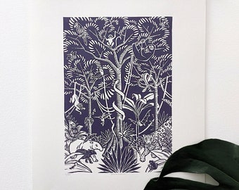 AMAZONIA — Limited edition linocut print (UNFRAMED), 29.7x42cm — large size animal wall art of tropical rainforest at night