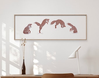POUNCE — Limited edition linocut print (UNFRAMED), 84x30cm — large size animal wall art of a cute fox pouncing in the snow