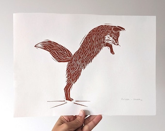 PHILIPPA  Linocut print – Handprinted Jumping Fox Wall Art (Unframed)