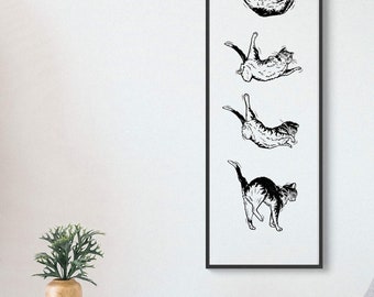 PURRFECT LANDING — Limited edition linocut print (UNFRAMED), 29x84cm — large size animal wall art of a cat's righting reflex