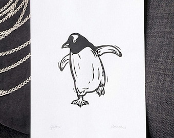 GWEN the Gentoo — Hand-printed linocut print (UNFRAMED), A5 size — small animal wall art of a cute and bouncy gentoo penguin bird