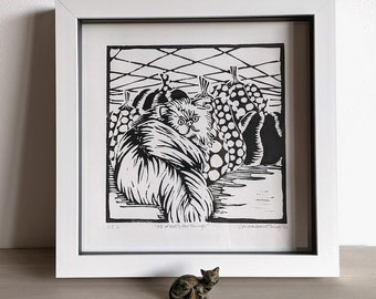 ALL OF Kate's fav things — Hand-printed linocut print (UNFRAMED), 8x10" — animal wall art of a cat and pumpkins, crazy cat lady gifts