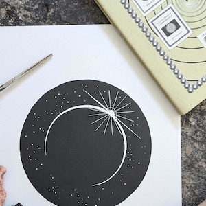 AD ASTRA, Eclipse — Limited edition linocut print (UNFRAMED) — original handprinted wall art of solar rays over the horizon