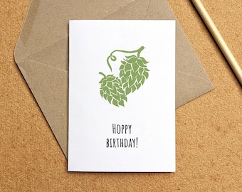 HOPPY birthday — A6 card, blank inside, kraft envelope — fun pun to celebrate a birthday or a brewery's anniversary