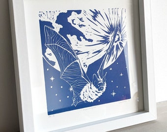 MOONLIGHT — Hand-printed linocut print (UNFRAMED), 8x10" — medium size animal wall art of a pipistrelle bat in flight against the night sky