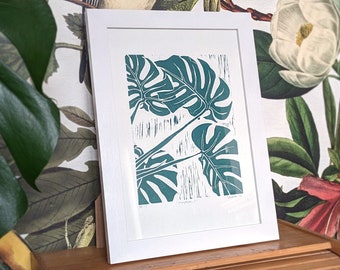 MONSTERA 1 — Hand-printed linocut print (UNFRAMED), A4 size — medium size botanical wall art of a green leafy monstera house plant