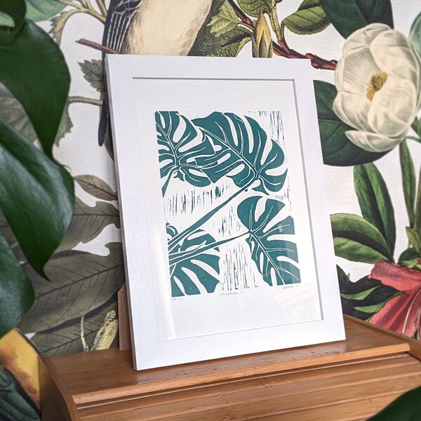 MONSTERA 1 — Hand-printed linocut print (UNFRAMED), A4 size — medium size botanical wall art of a green leafy monstera house plant