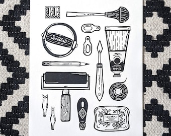 TOOLKIT — Hand-printed linocut print (UNFRAMED), A4 size — medium wall art of linocut tools for art studio decor or gift for artists