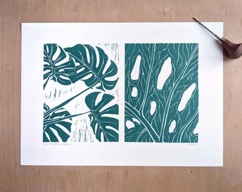 MONSTERA DIPTYCH — Linocut block print (UNFRAMED), A3 size — large size botanical wall art of a monstera plant and leaf close-up combo
