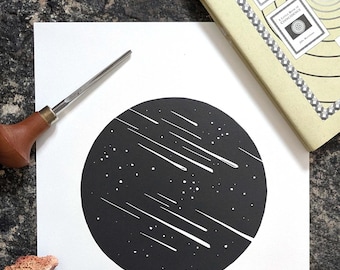 AD ASTRA, Meteors — Limited edition linocut print (UNFRAMED) — original handprinted wall art of magical meteors comets