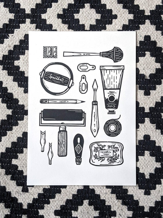 TOOLKIT Hand-printed Linocut Print UNFRAMED, A4 Size Medium Wall Art of Linocut  Tools for Art Studio Decor or Gift for Artists 