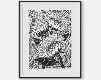 GIRASOLI — Hand-printed linocut print (UNFRAMED), 8x10inches size — medium size botanical wall art of a cluster of beautiful sunflowers
