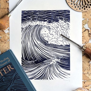 WAVEFORM I — Limited edition linocut print (UNFRAMED) — original handprinted wall art of ocean waves
