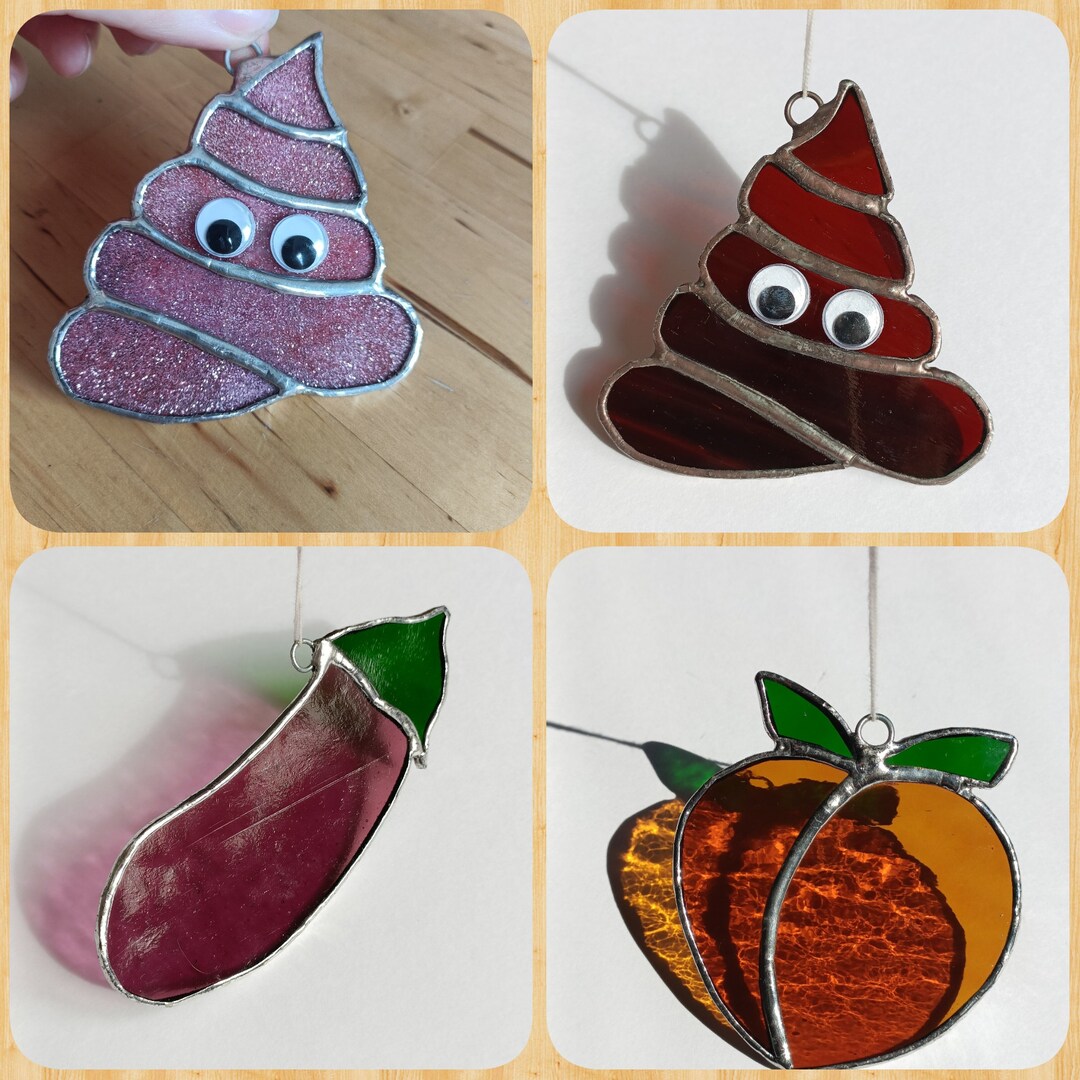Vitrail Emojis popo pêche et Aubergine création main en Etsy France