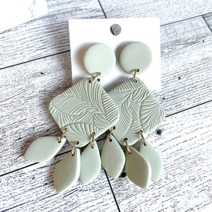 Green Polymer Clay Botanical Dangle Earrings, floral earrings gift for her