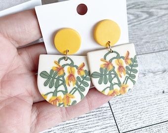 Yellow Floral Polymer Clay Earrings: Wild Orchid Dangle Earrings