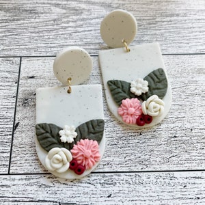 Floral Motif Polymer Clay Earrings, Dangle lightweight earrings, gift for her, botanical earrings