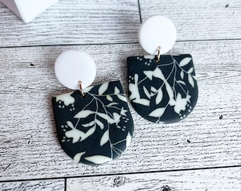 Black & White Floral Polymer Clay Dangle Earrings: Lightweight Gift