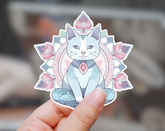 Cat Lover Sticker, Meditative Zen Cat Mandala Lotus Kiss-Cut Stickers, Gift for Cat Lover, Cat Sticker, Zen Sticker