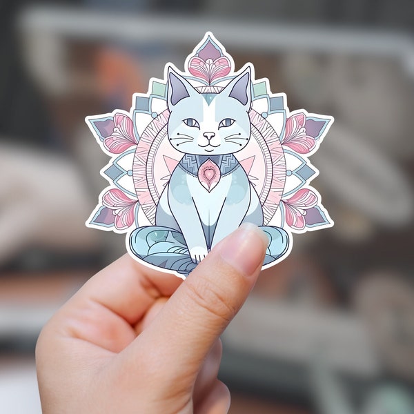 Cat Lover Sticker, Meditative Zen Cat Mandala Lotus Kiss-Cut Stickers, Gift for Cat Lover, Cat Sticker, Zen Sticker
