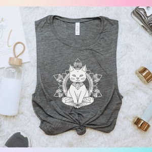 Cat Yoga Shirt - Meditating Cat Tee - Gift for Cat Lover - Zen Cat Tank - Women's Flowy Scoop Muscle Tank in Asphalt Slab