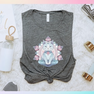 Cat Yoga Shirt - Meditating Cat Tee - Gift for Cat Lover - Zen Cat Tank - Women&#39;s Flowy Scoop Muscle Tank in Asphalt Slab - Pastel Cat