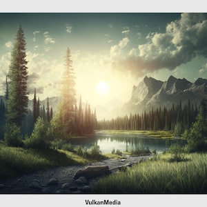 May include: A scenic landscape with a lake surrounded by lush green trees and mountains in the background. The sun is shining brightly, casting a warm glow over the scene.