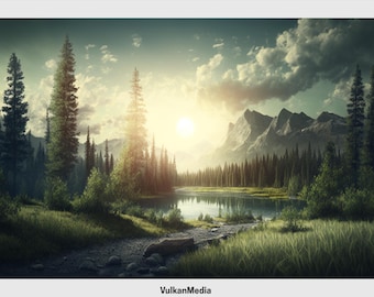 Lakeside Sunrise Digital Desktop Wallpaper for PC and Mac - Digital Download