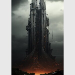 May include: A tall, dark, futuristic building with a glowing orange base. The building is surrounded by a dark, cloudy sky.